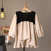 모노시크 파보르 배색 셔링 퍼프 블라우스 티셔츠 MNTE950