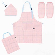 핑크색 체크무늬 어린이 앞치마 가방 4종세트 초등학생 앞치마세트 아기