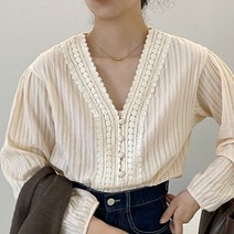 무드베이지 여성 레트로 레이스 라인 칼라 V넥 스트라이프 블라우스 셔츠