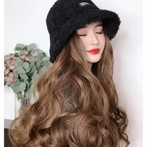 망홍 패션 가발 일체 띠 머리 모자 긴 곱슬머리 양털 긴 곱슬머리 어부모 검은 가발 여