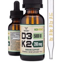 유기농비타민d 액상 임산부 어린이비타민d 비타민 D3 K2 액체 방울D3 5000U AllTrans MK7K2Vital 200mcg 더블 우드 로 와 흡수 30인분, 단일수량, 단일개당 용량/중량/정