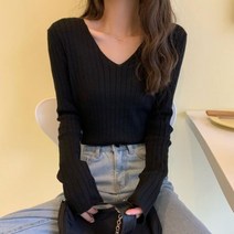 다잇템 여자 딱붙는 페미닌 슬림 브이넥니트 긴팔티