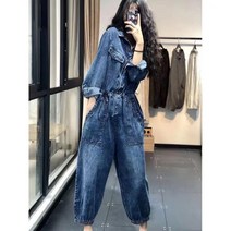 FANSYLI 여성 봄가을 카고 점프슈트 데님 점프수트 루즈핏 캐주얼 멋스러운 와이드 점프수트 W7J05