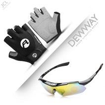 듀웨이 자전거 반장갑+ 편광 고글 3종 세트 렌즈 교체, 블랙, 레드(L)