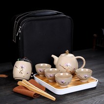 일본식 도자기 여행 캠핑 다기 세트 휴대용 가방 가정용 찻주전자 찻잔 대나무 쟁반, 봄꽃필무렵여행세트