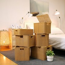 라탄 사각 바구니 수납 플라스틱 피크닉 바스켓 정리함 뚜껑 팬트리 손잡이, 오픈형-소형