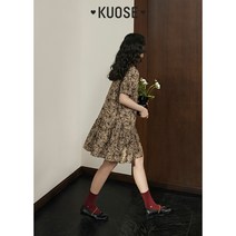 KUOSE 쿠오세 빈티지 틈새 프릴 드레스 여성용 봄 / 여름 2023 중간 길이 퍼프 슬리브 스커트