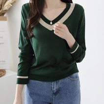 여성용 루즈핏 데일리룩 롱 슬리브 소매 배색 차차브이넥 니트 n1902