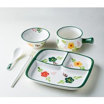 귀여운 유아 어른 성인 1인 개인 도자기 미니 3구 식기 식판 가정용 다이어트 그릇 예쁜 브런치 나눔 급식판, 스퀘어드 세트(플라워)