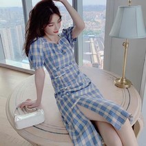 하늘색원피스 여성 봄 여름 체크 결혼식하객룩 원피스 바스락 펀칭 5월 하객룩 4월 커플시밀러룩