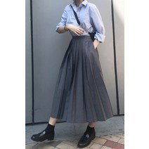 볼륨 코튼 풀 A라인 주름 면 봄 롱스커트 플리츠 쉬폰