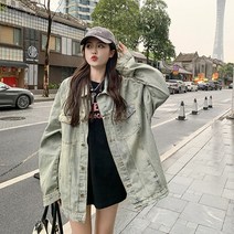 [Makone] 여성 데님자켓 코디 트렌디 빈티지 긴팔 데님 코트 여 가을 신상디자인 작은 지퍼 루즈핏 상의