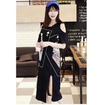 [한손에요]매칭 커플 연인 커플 귀여운 일본 한국 발렌타인 러브 선물 드레스 캐주얼 스위트 걸스 오픈 오프 숄더 블랙 드레스, 여장, 특대호