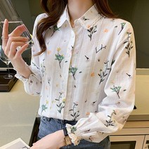 레이스 옷깃 프린트 칼라넥 긴판 하와이안셔츠코디 여름셔츠블라우스