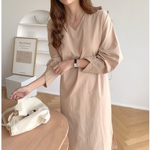 요모조모 0049 면 브이넥 허리밴딩 롱 원피스