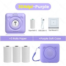 핸드폰사진인화기 사진출력기Peripage A6 감열식 미니 포켓 프린터 203 304dpi 라벨 사진 스티커 퍼플, 06 Add 3Rolls-A 1Case
