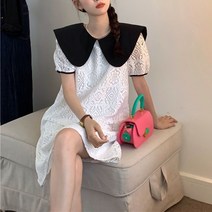 미미앤느 여성 라운드넥 배색 빅 카라 블랙 라펠 화이트 펀칭 레이스 데일리 큐티 미니원피스 a2692