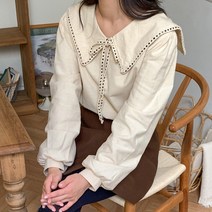 로로텐 빅카라 리본끈 블라우스 면 긴팔 퍼프소매 여성 빅사이즈