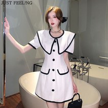 JUST FEEL!NG 블랙 화이트 배색 칼라 여성 반팔 미니 원피스 단추 슬림핏 밴드 여름 윈피스 빅사이즈