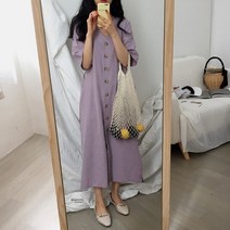 린넨 원피스 봄 가을 빅사이즈 까지 시크하고 v넥 퍼플 싱글 브레스트 롱 코튼 드레스 여성용 허리 포옹 레이스업 스타일 여름