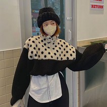 아노락 레이어드 크롭 숏 뽀글이 부클 하이넥 루즈 핏 나그랑 도트 배색 스트링 반 집업