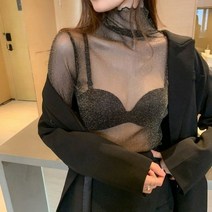 여성블라우스 여성용 메쉬 블라우스 티셔츠 투명한 풀 슬리브 우아한 신축성 터틀넥 셔츠 상의 여성용 언더셔츠 가을