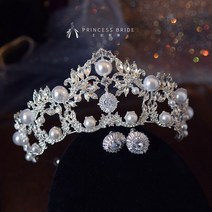 티아라 왕관 셀프 웨딩 큐빅 크라운 머리장식 한식 대기 결혼식용 왕관 헤어장식 드레스, 02.큐빅 진주 크라운 풀큐빅 세련된 이어링