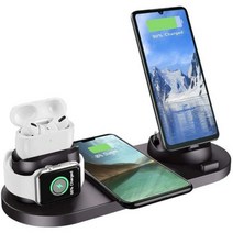 무선 충전기 스탠드 6 in 1 For 아이폰 8 plus 11 12 pro max 충전 패드 애플 워치 에어팟 Pro 삼성 샤오미, 옵션-06.Without Plug Black