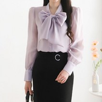 모리스커밍홈 볼륨 리본 타이넥 블라우스 M2301BL021A
