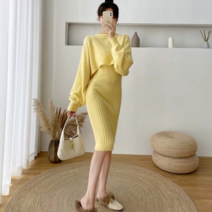 허니비 스피츠 오버핏 크롭 니트 티셔츠 미디 투피스 세트