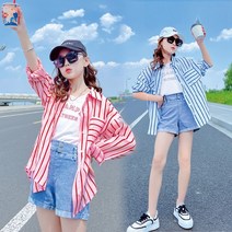 [랑구랑구] 여아 남방 반바지 코디세트 주니어 초등여아 스트라이프셔트 나시티 데님팬츠 데일리룩 세트