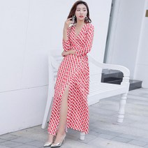 해외여행여름옷 동남아 원피스 브이넥 프리즐리 벨트 리본 7부 롱