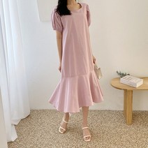 코지 여성 청순한 데일리룩 라운드 퍼프 프릴 반팔 롱원피스