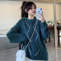 안나리야 오버핏 꽈배기 케이블 배색 패턴 롱 자수 니트 SY