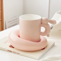 도자기 핸들머그컵+뚱보 머그 플레이트 래빗 손잡이 포함 연한 칼러 인스핫 홈카페 머그잔 계묘년 토끼띠 센스있는 선물 물컵 커피찻잔 커플용, 선택2-핑크 핸들머그컵+ 머그 플레이트