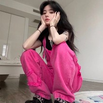 여자 핫 핑크 멜빵 바지 스트레이트 와이드 데님 팬츠