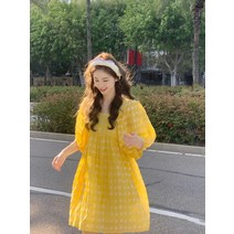 키작녀 원피스 키작은 여자 옐로우 넥 퍼프 슬리브 꽃 여성 여름 봄 가을 디자인 쉬폰 스커트