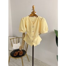 허니제이 / 푸츠 보석단추 퍼프소매 반팔 블라우스(4color)