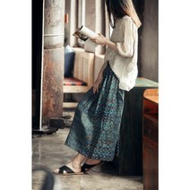 봄 여름 복고풍 프린팅 스티치 모시 스커트 밴딩 허리 롱 주름 치마