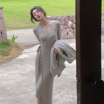 랩 니트 원피스 브이넥 랩 허리 리본 H라인 긴팔