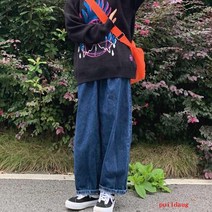 청바지 여성 가을/겨울 빈티지 툴링 청바지 넓은 다리 펜던트 블루머 느슨한 남성과 여성