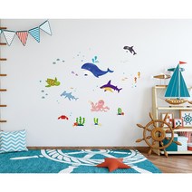 바닷속친구들 물고기스티커 욕실꾸미기 아이방꾸미기 데코스티커 고래 상어 거북이 문어 돌고래 바다, 혼합색상