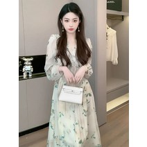 결혼식하객룩 선녀 고급 프렌치 복고 기질 꽃무늬 원피스 틈새 디자인