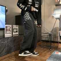 청바지 남자 유행표 ins 바둑판 격자 조립 주머니 스트레이트 긴 바지 봄 여름 헐렁헐렁한 다리 고가 바지