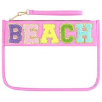[정품] 셔닐 레터 백 스낵 투명 파우치 프레피 여행용 스낵 백 방수 플랫 투명 스낵, Pink-Beach