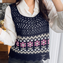 U넥 플라워 패턴 그물 펀칭 니트 조끼 J302206K