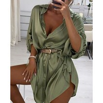 새틴 실크 롱 스커트 셔링 셔츠 드레스 긴팔 캐주얼 숏치마