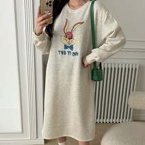 퍼니걸스 5894 루즈핏 토끼 나염 프린팅 기모 롱 원피스 여성의류
