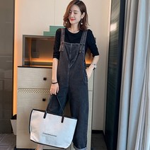 YI MING 여성 데님 멜빵 바지 슬림 점프수트 빅사이즈 와이드 청멜빵바지 F313
