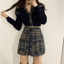 [랜덤플레이] 체크 라인 포인트 트위드 니트 원피스